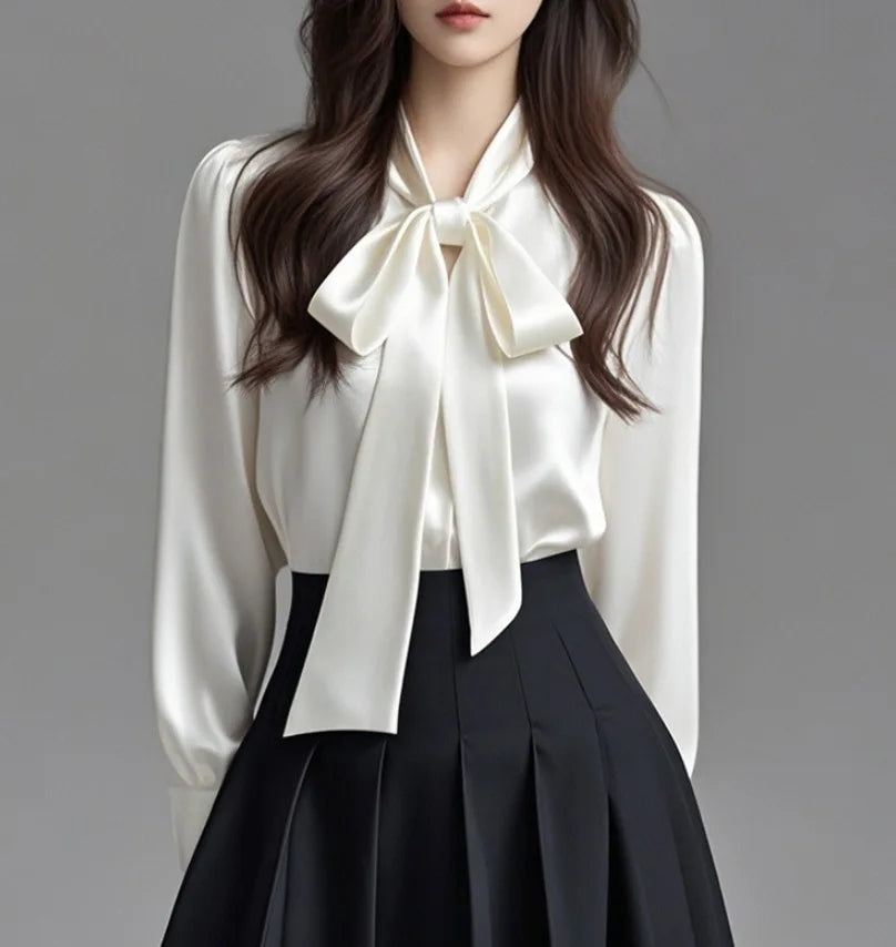 Women Elegant Satin Blouse Bow Tie Neck Puff Long Sleeve Formal Office Work Shirt For Spring Autumn