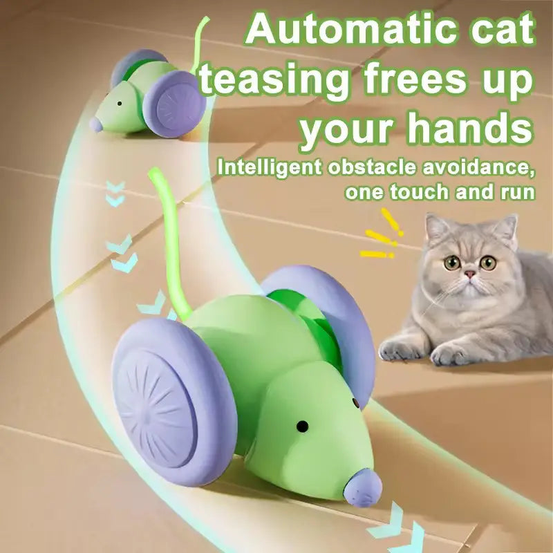 緑色と紫色の自動ペットおもちゃ。猫の誘導用ティーザーマウスを備え、車輪付きでインタラクティブな電動遊びを実現します。