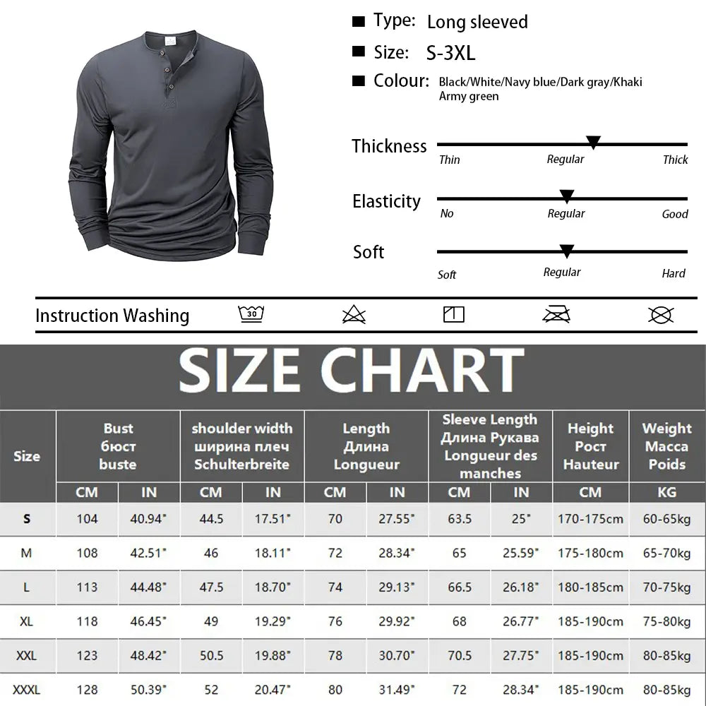 Herren-Langarm-Henley-Shirt in dunklem Grau mit geknöpftem Knopfleistenverschluss und gerippten Bündchen, entworfen für das lässige Basic-Pullovertragen.
