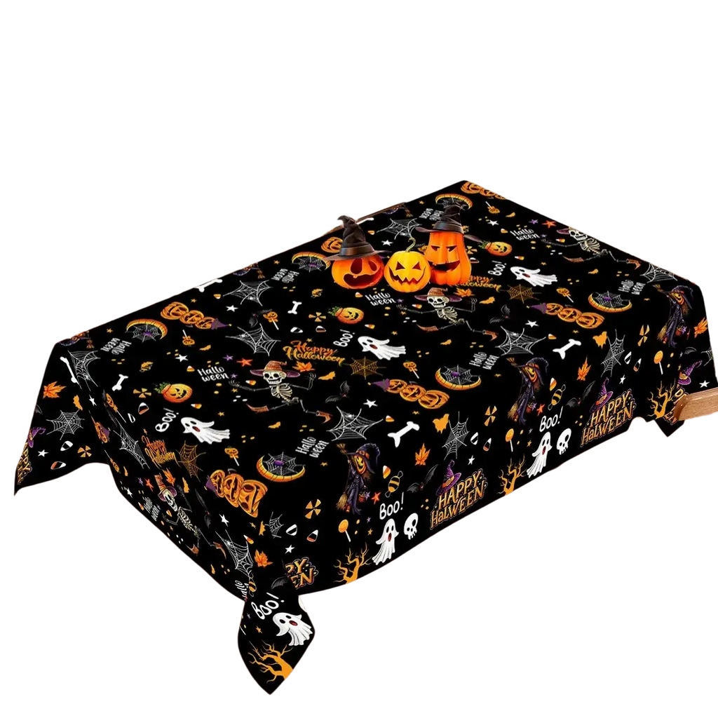 Black halloween-themed plastic tablecloth with orange white and purple pumpkins ghosts bats spiders and happy halloween text