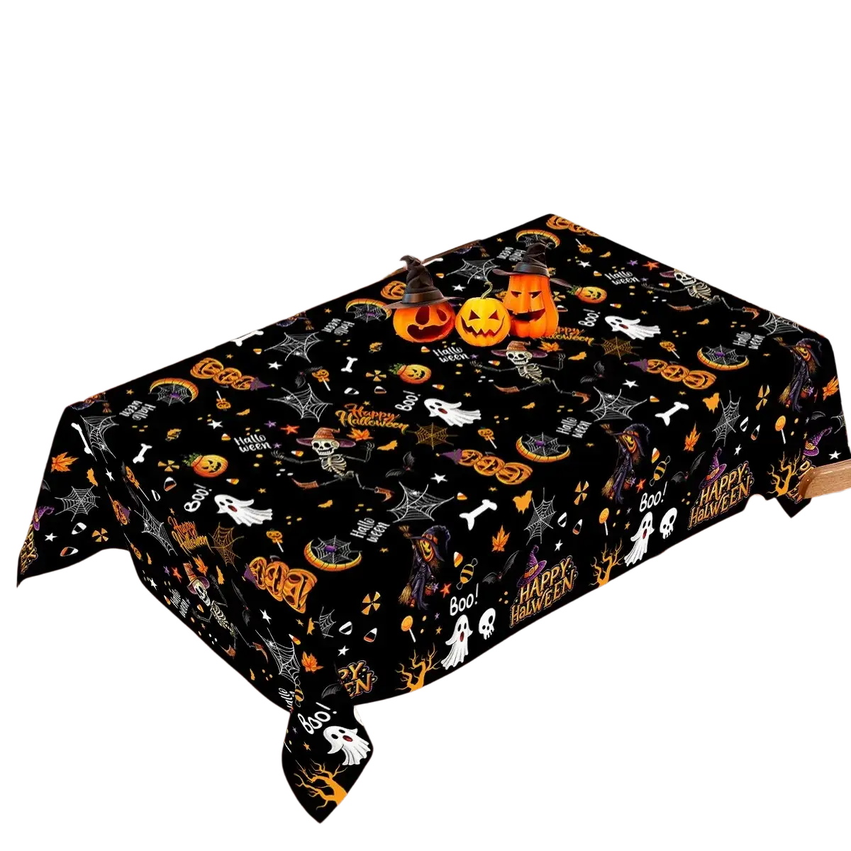 Black halloween-themed plastic tablecloth with orange white and purple pumpkins ghosts bats spiders and happy halloween text