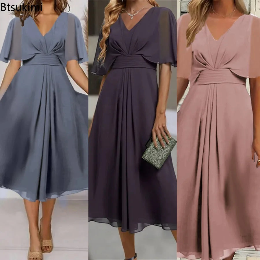 2026 Women's Evening Party Dress Plus Size Long Elegant  A Line V Neck Ruffles Chiffon Formal Wedding Dress Robe Dazzling Dress