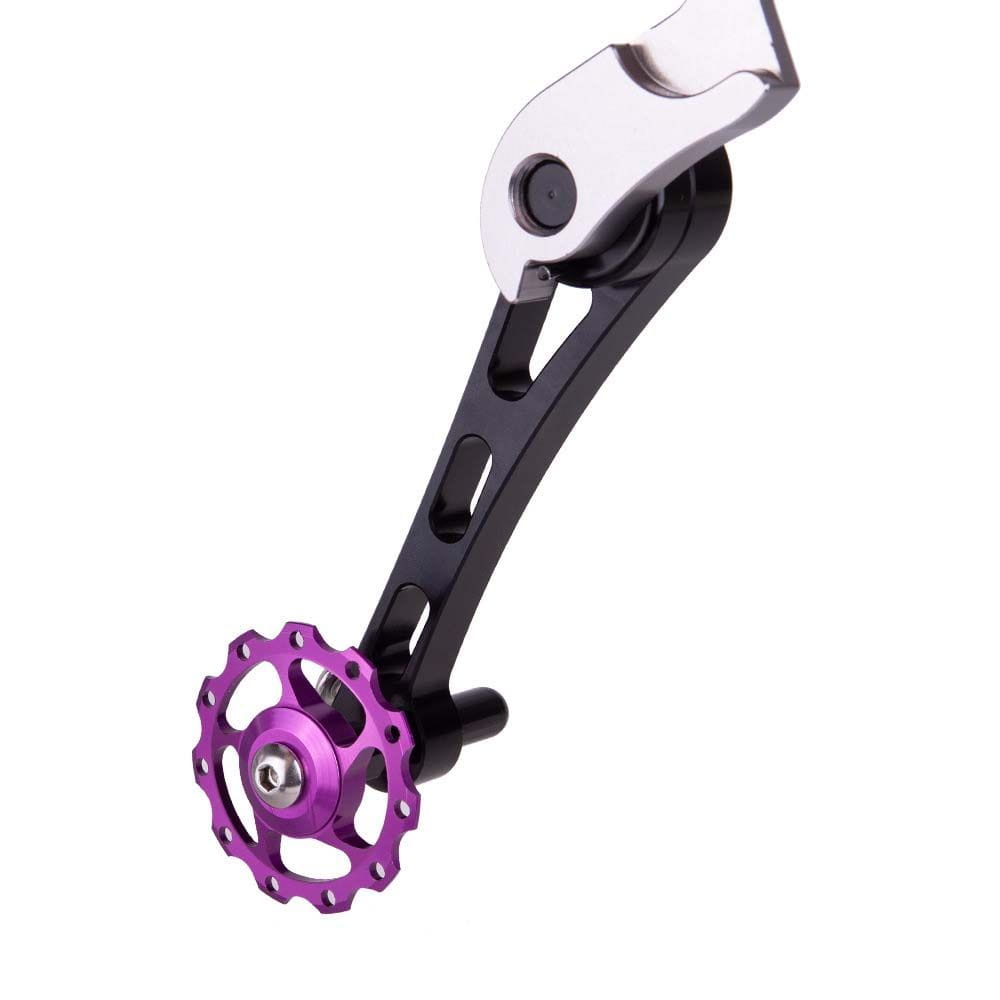 Aluminium alloy bike chain tensioner stabilizer rear derailleur hanger in purple and black with sleek machined aluminum design shown from the back side.