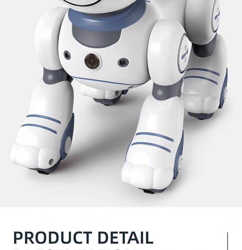 White and blue remote control robotic dog toy with sleek plastic joints and wheels featuring a rechargeable battery for extended playtime.