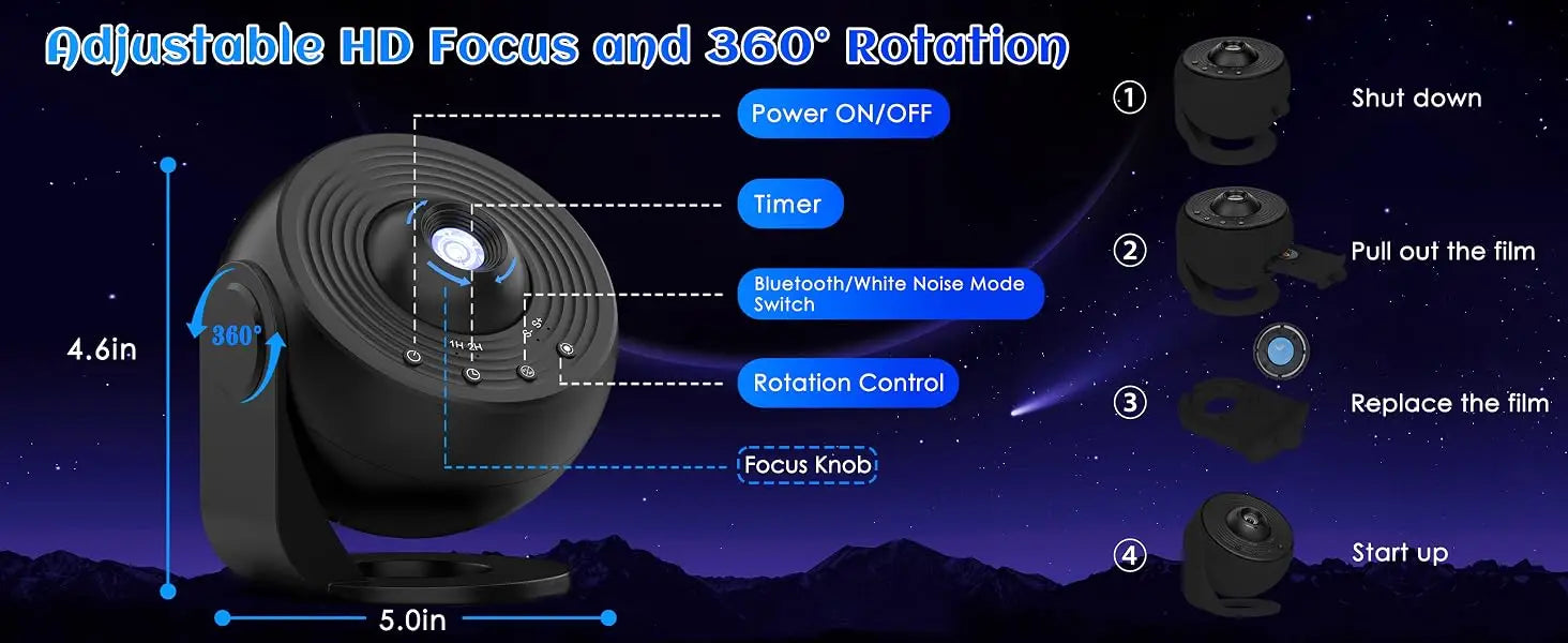 black adjustable hd spotlight with 360-degree rotation and focus control features on projector pro 25 in 1 galaxy star night light for enhanced lighting effects