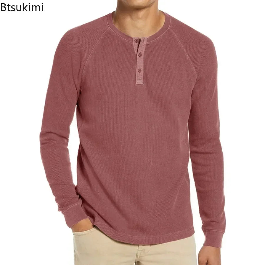 2026 Men's Long Sleeve Waffle T-shirts Fashion O-neck Bottoming Shirts Male Solid Button Casual Tops Soft Versatile Men's Shirts