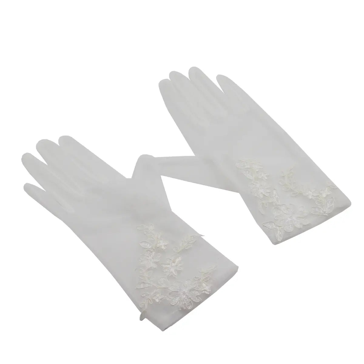 A pair of elegant white lace bridal gloves featuring short wedding tulle applique with delicate floral lace detailing along the cuffs.