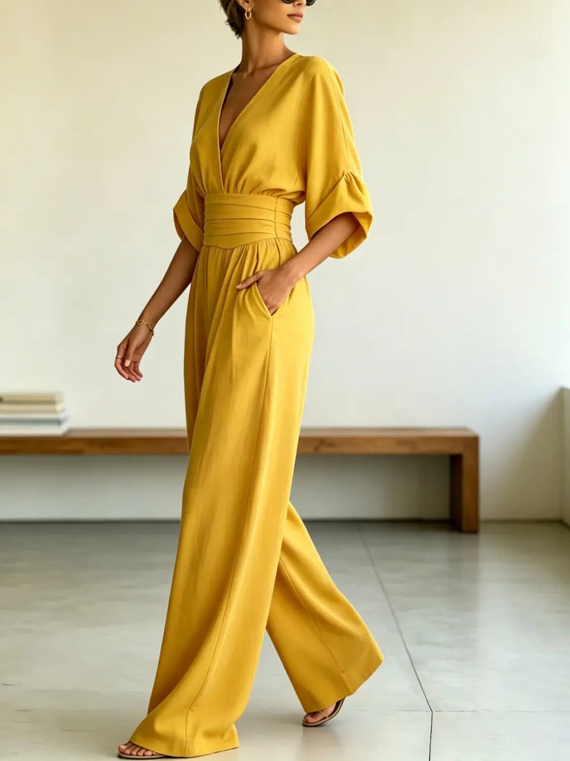 A flowing mustard-yellow wide-leg jumpsuit with v-neckline elasticated waistband and bell sleeves.