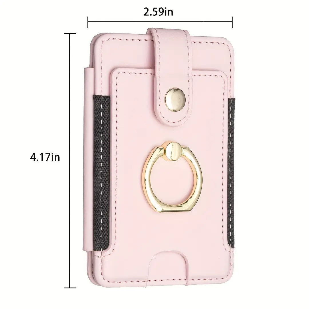 Pink faux leather universal ring small card holder with black textured side panels and a gold-tone ring finger grip shown from the front angle.