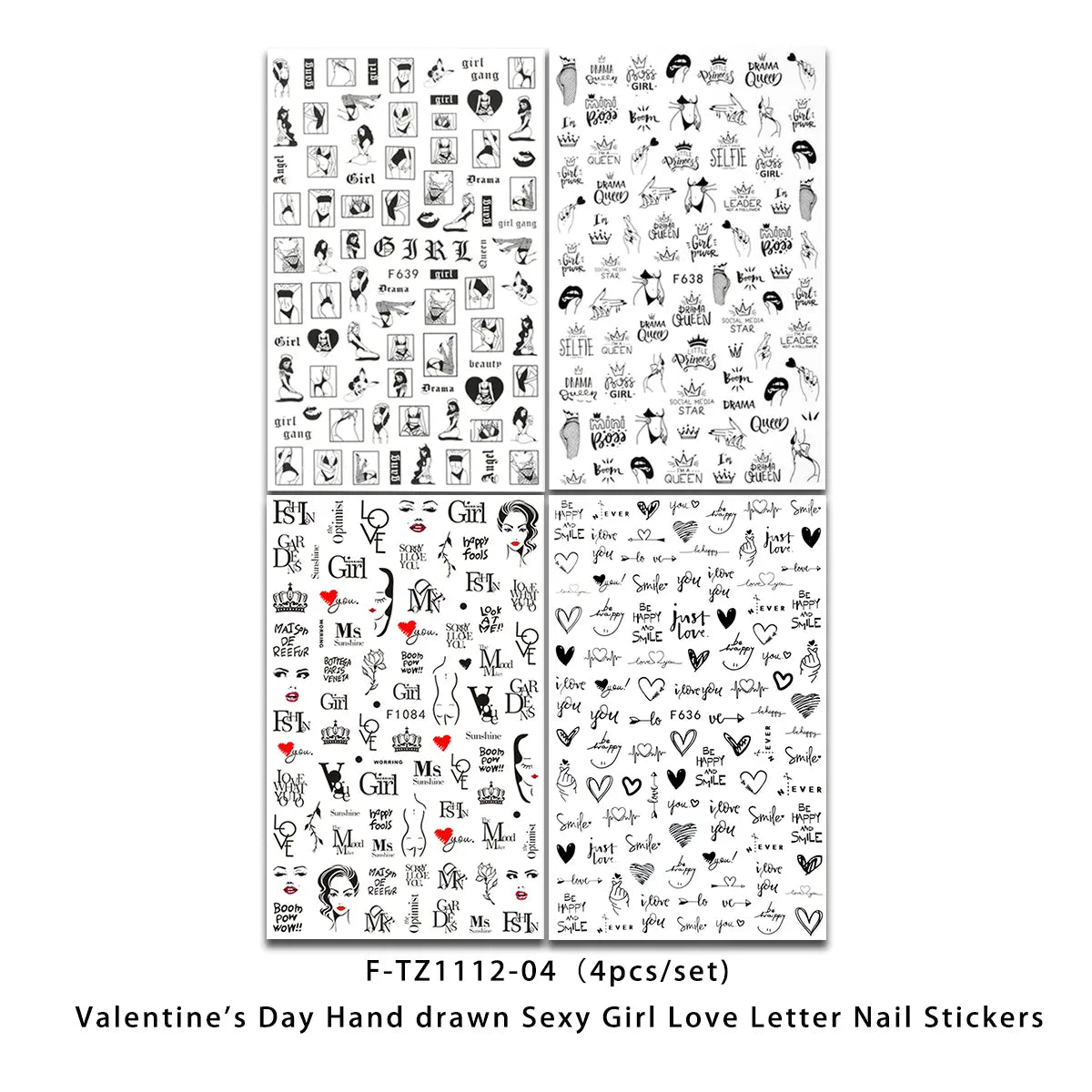 Pegatinas de uñas de San Valentín dibujadas a mano en negro y blanco, con temas de chica sexy, cartas de amor, coronas, corazones y frases como «girl queen» y «selfie», en una hoja brillante para calcomanías de arte de uñas DIY.