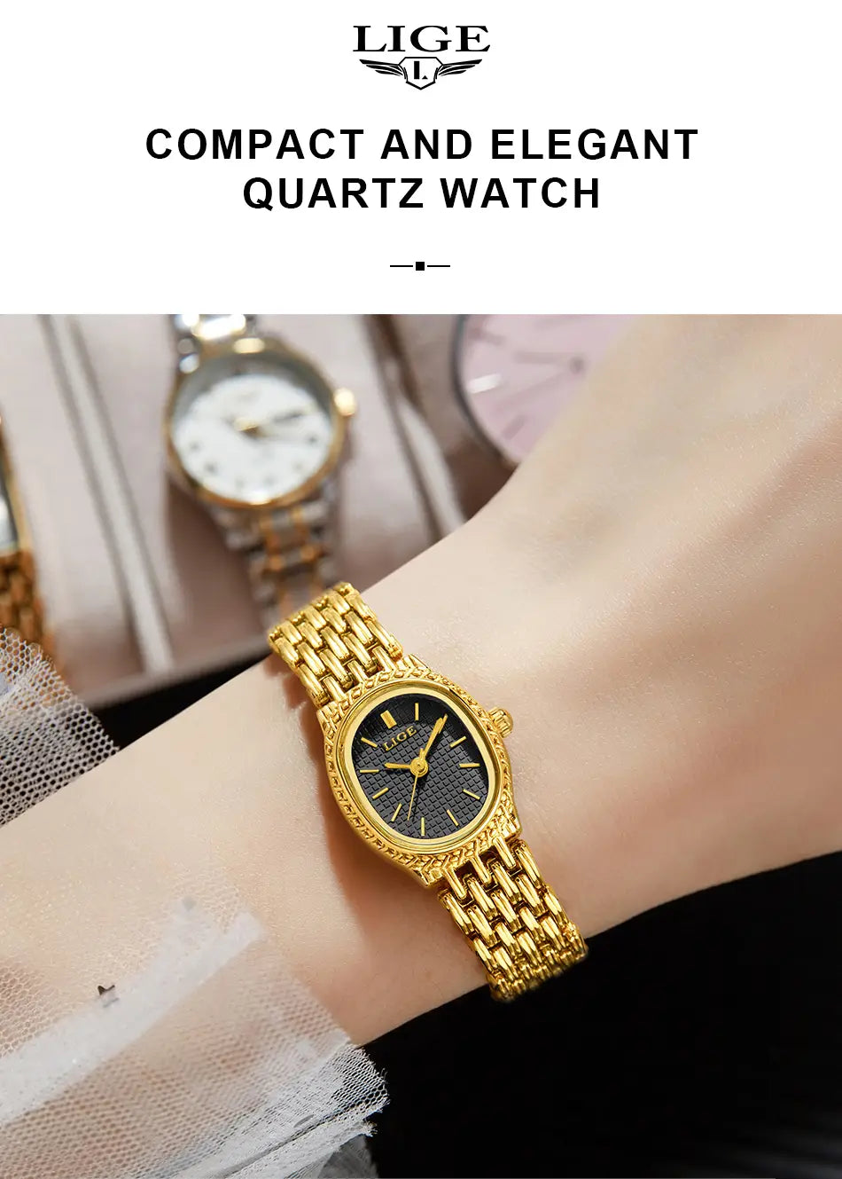 Lige women gold quartz watch featuring a gold-tone compact design with an elegant oval face and an intricate mesh bracelet.