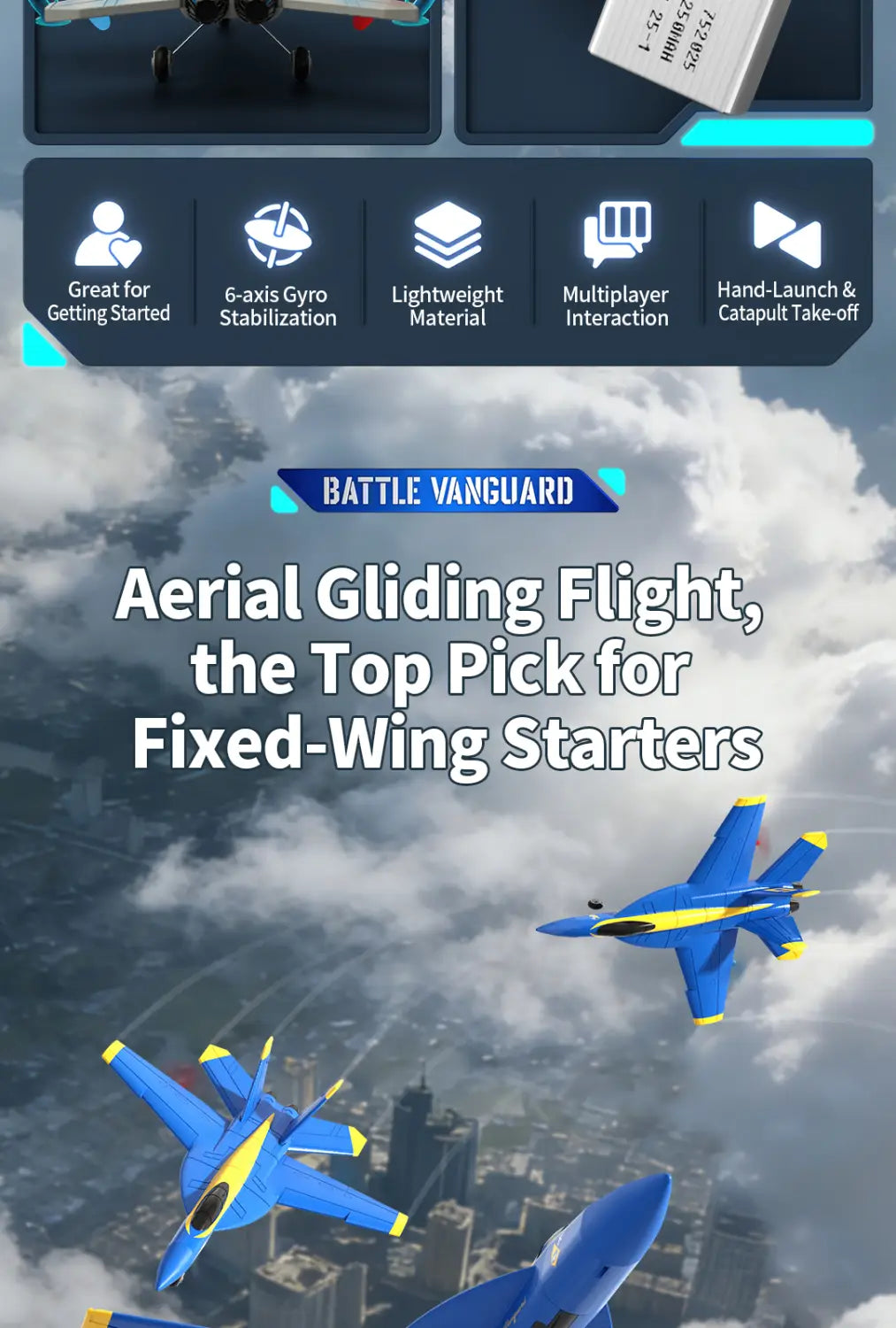 Blue and yellow remote control foam glider jets with sleek aerodynamic designs resembling the f18 hornet fighter jet.