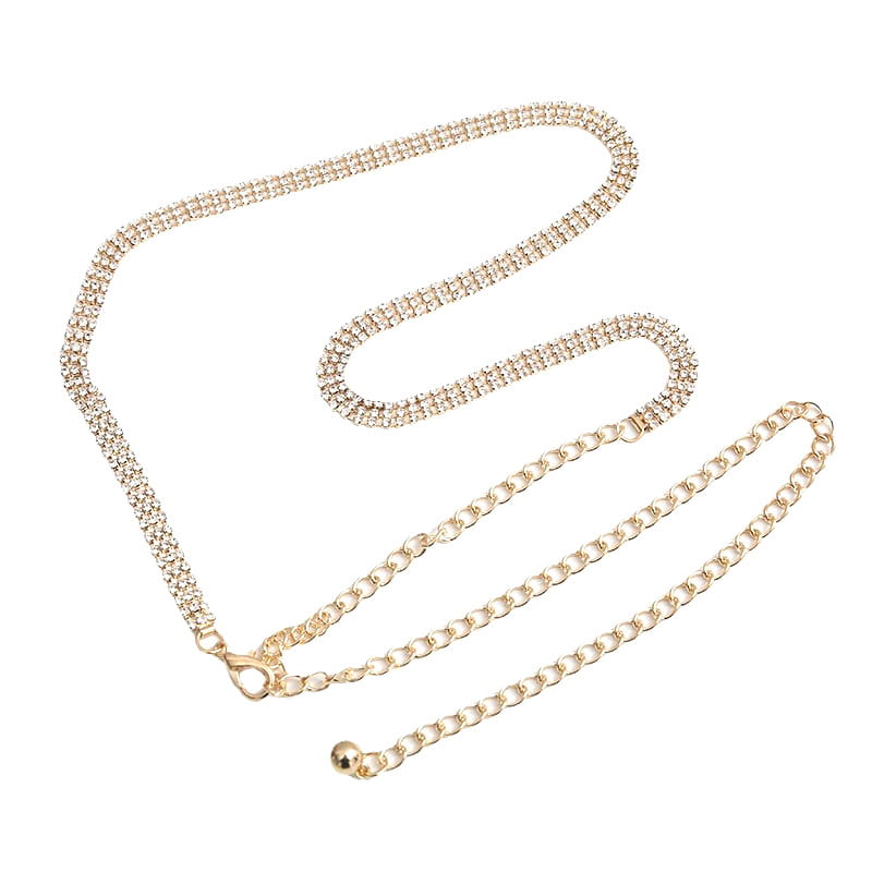 Gold-toned rhinestone chain belt for women featuring an adjustable metal waist accessory with a sparkling rhinestone-encrusted section and classic link design.