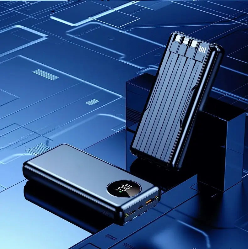 Batterie de secours noire et argent 20000 mAh avec affichage numérique de chargement rapide 120 W et plusieurs ports USB, y compris une sortie 5 V/2 A, pour un chargement polyvalent des appareils.