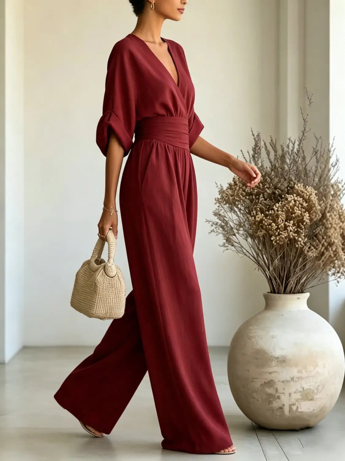 A flowing maroon v-neck wide-leg jumpsuit with three-quarter length sleeves gathered at the cuffs and a cinched waistband.