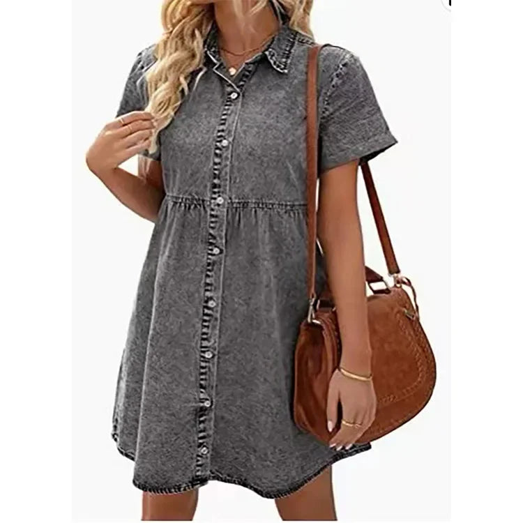 Women Denim Shirt Dresses Short Sleeve Turn Down Collar Jean Dress Single-breasted Casual Top Loose Ruffled Edge Women Dresses