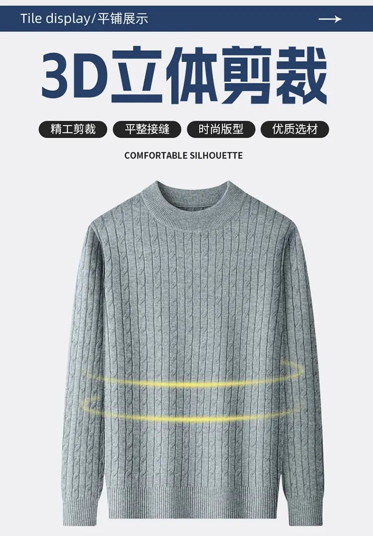 Ein grauer Zopfstrick-Pullover für Herren mit klassischem Rundhalsausschnitt und langen Ärmeln.
