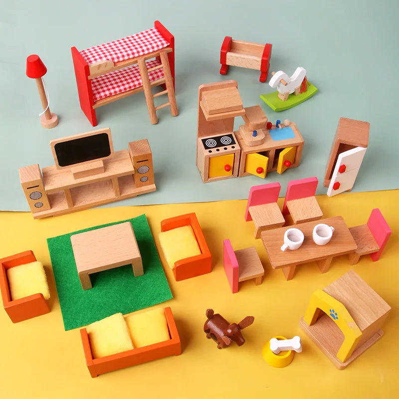 Wooden Mini Furniture Sets Kids Children House Play Toy - Bedroom, Living Room, Kitchen, Bathroom Accessories Boys Girl Gifts