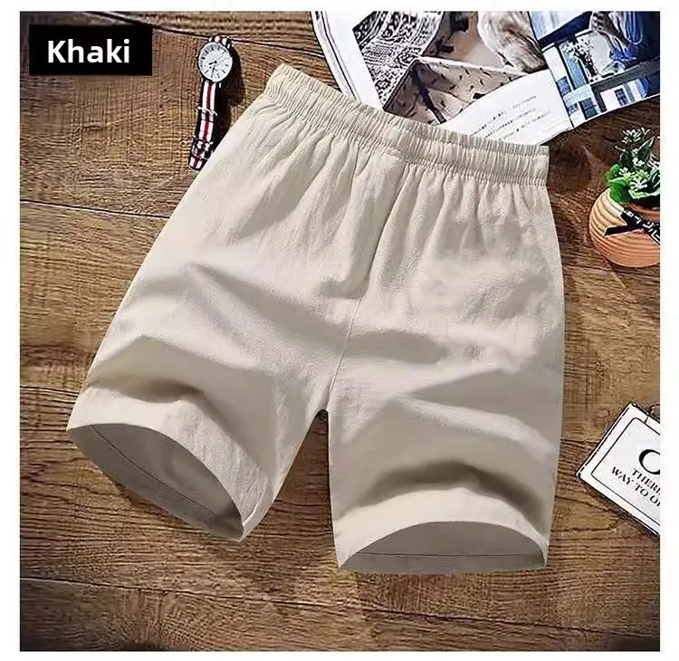 Herren-Leinen-Boxer-Slips in Khaki mit entspannter Passform, elastischem Bund, umgeschlagenen Bündchen und lässigem, lockeren Design, geeignet für die Sommer-Strandbekleidung