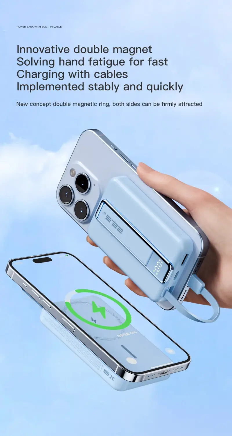 Light blue magnetic power bank with built-in magnetic phone charger cable featuring 5v=3a and 9v=2a fast charging capabilities in a sleek minimalist design.