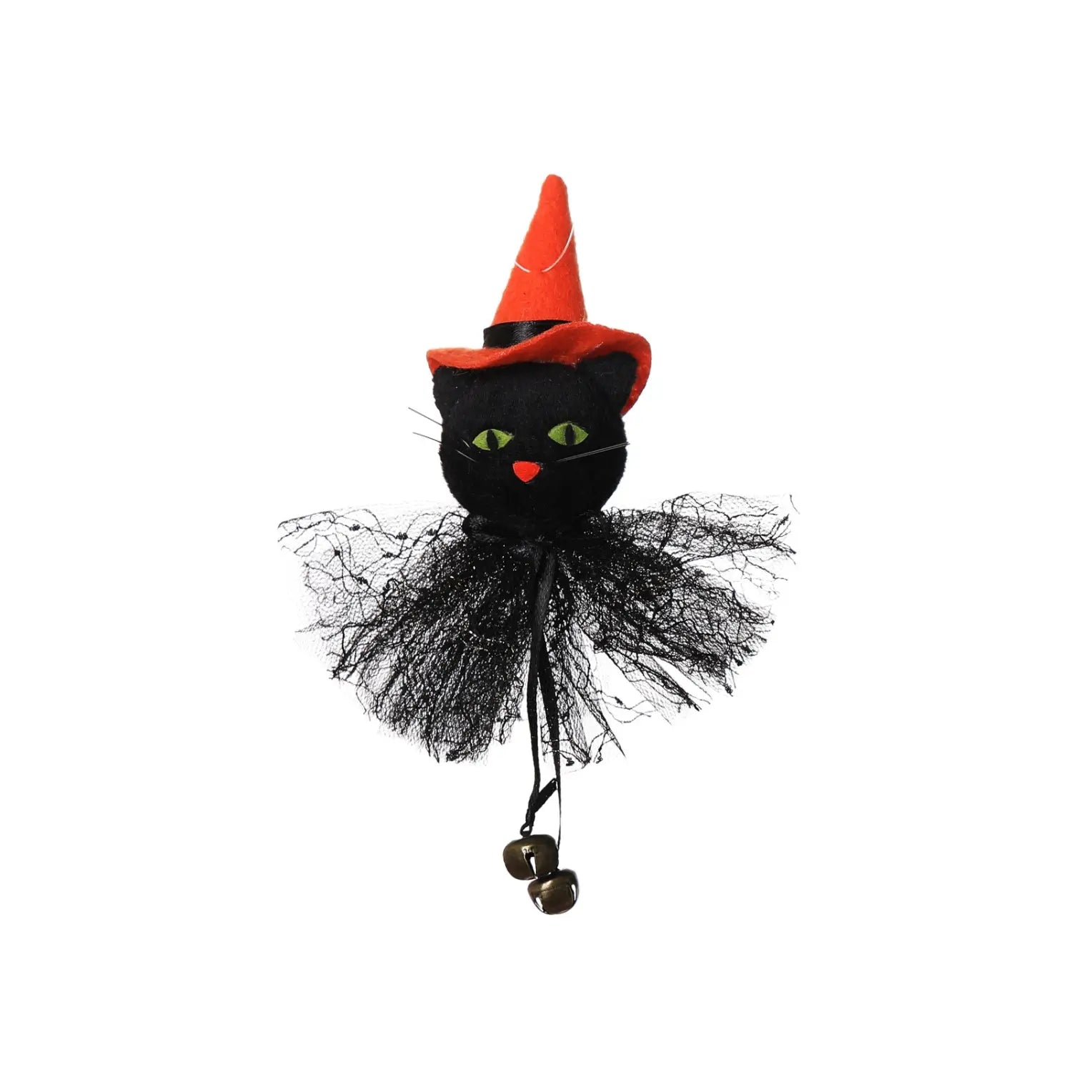 Adorno de halloween de gato bruja negro de felpa con ojos verdes, sombrero puntiagudo naranja, falda de tul negra y colgante de campanillas de latón colgantes, figura colgante de tela para colgar en halloween.