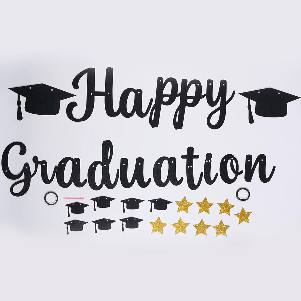Happy Graduation Banner Black Gold Glitter with Grad Caps Decoration for Graduation Party Supplies