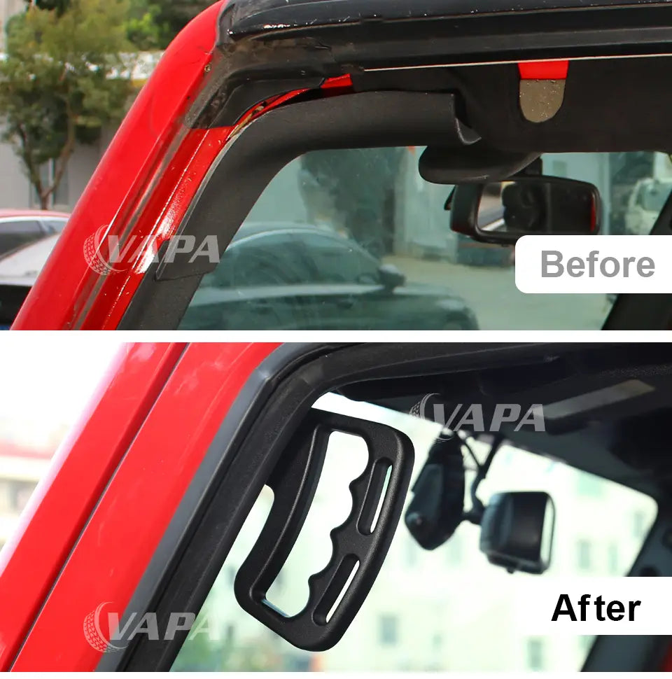 Schwarzer ergonomischer Türgriff aus Kunststoff mit Aussparungen für Jeep Wrangler JK Aluminium-Türgriff-Garnituren in Rot.