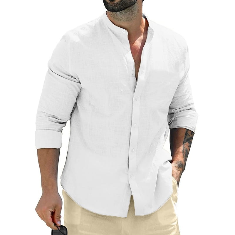 Chemise décontractée en lin pour homme à col mandarin blanche, à manches longues, avec fermeture boutonnée sur le devant et poignets retroussés.