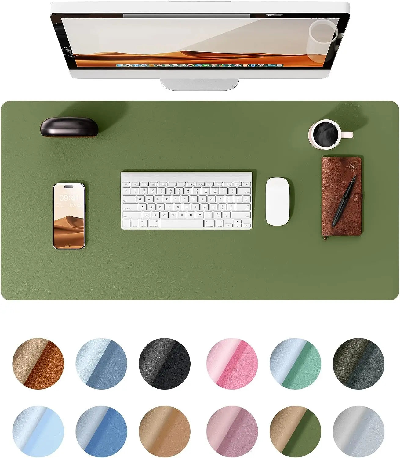 olive green leather desk mat large waterproof office pad protector with smooth non slip surface and multiple color options displayed below.