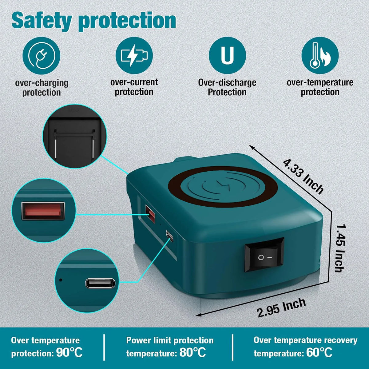 Wireless Phone Charger for Makita/Dewalt/Milwaukee 18V Li-ion Battery USB Adapter with Type-C Charges Port Portable Power Bank