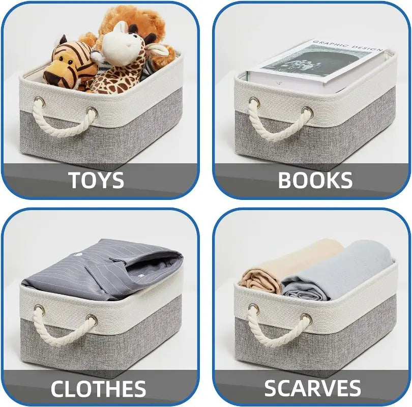 panier de rangement en tissu tissé gris et blanc avec poignées en corde, pliable pour une organisation et un rangement polyvalents.