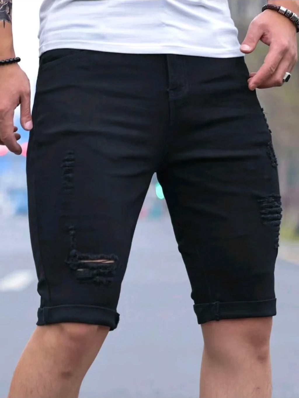 Black Ripped Denim Shorts Men's Summer New Fashion Skinny Elastic Washed Knee Length Jeans Casual Slim Hip-hop Pants Streetwear
