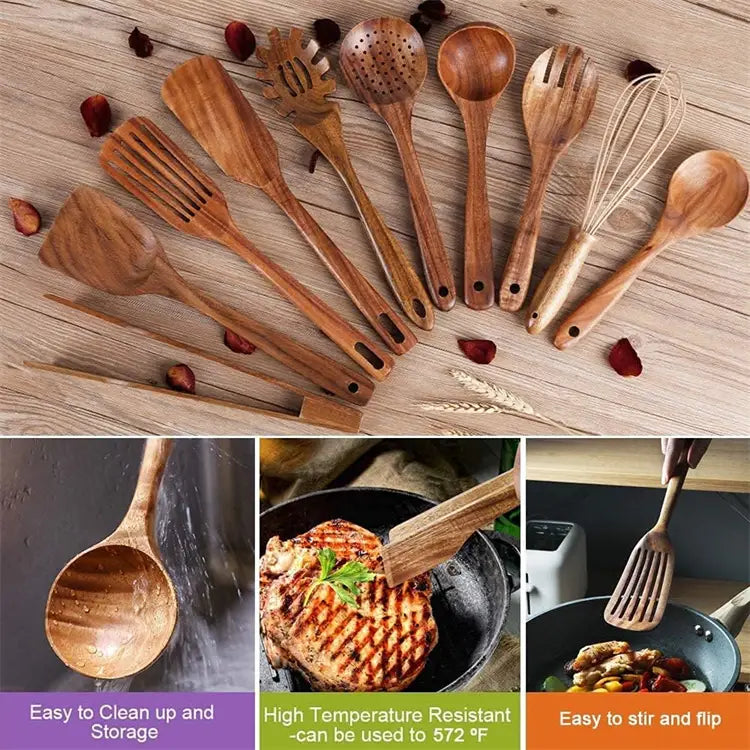 Wooden kitchen utensil set featuring natural wood grain and smooth rounded handles ideal for cooking.