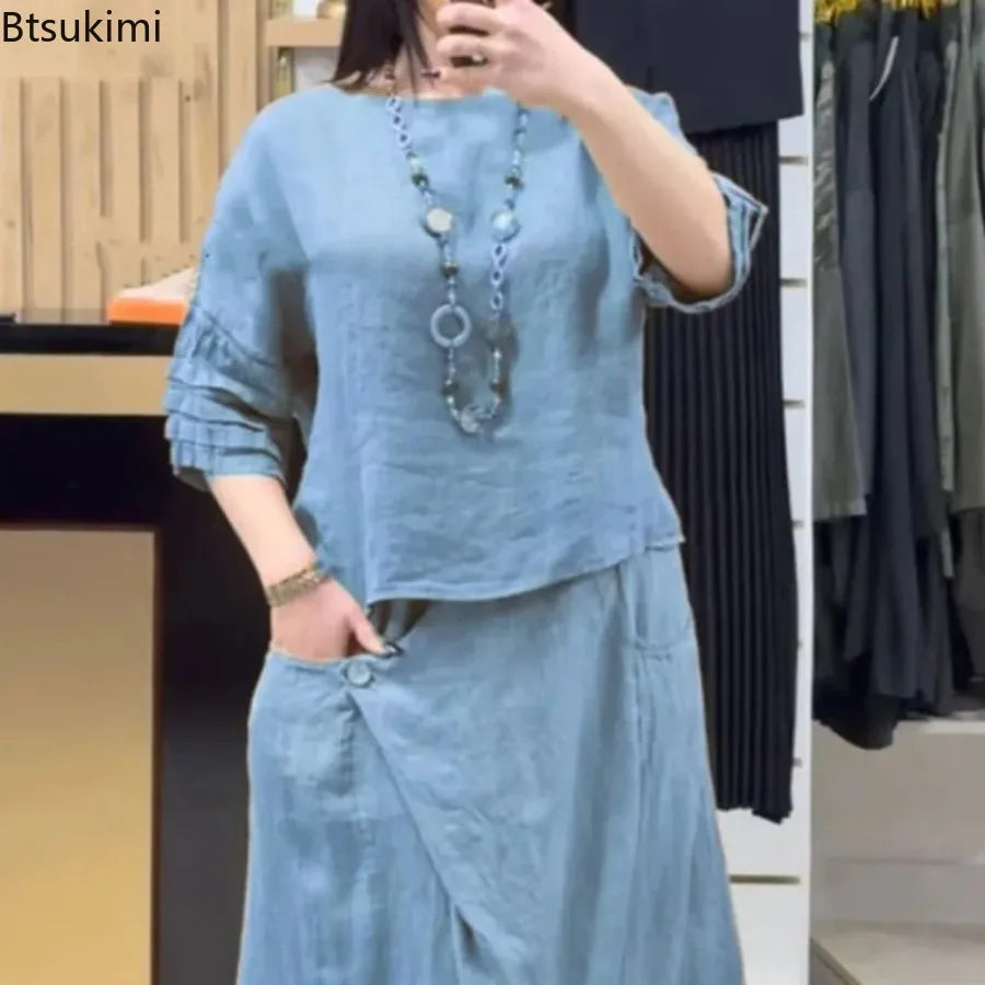 2025 New Chic Women's Two Piece Set Casual Solid Color Blouse Top And Loose Midi Skirt Suit 2 Piece Sets Lady Elegant Outfit