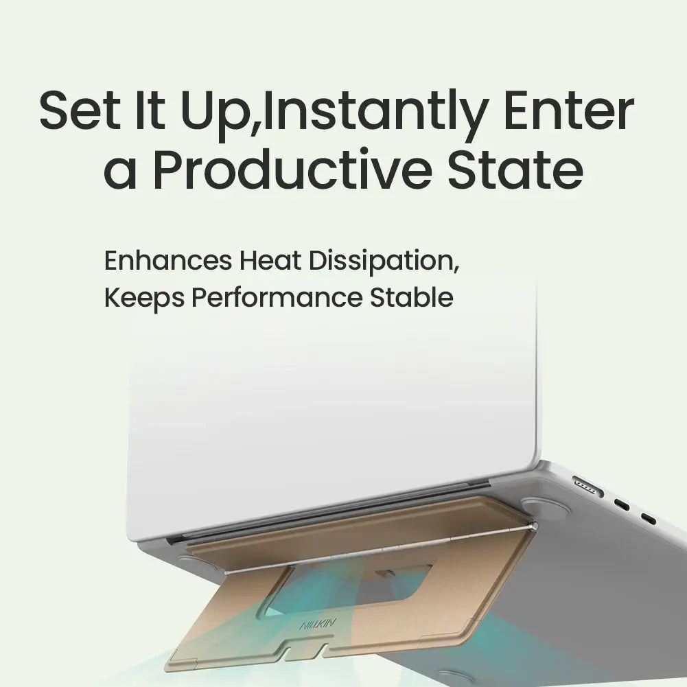 Gold-colored aluminum laptop stand with a sleek minimalist design and subtle branding from nillkin dualwing adhesive laptop stand computer bracket type.