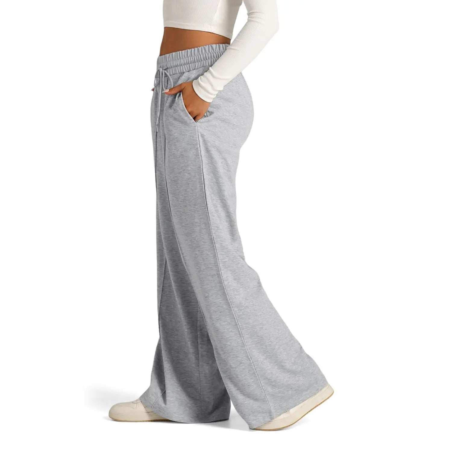 women’s gray heathered wide leg fleece lined sweatpants with elastic waistband and drawstring featuring a wide leg pattern type for comfortable casual wear