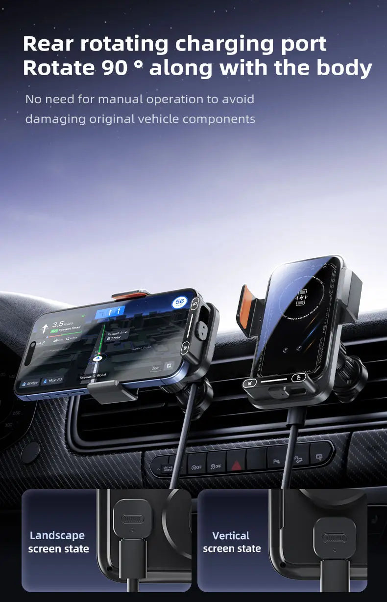 Black and orange wireless car phone charger mount 15w showing rear side with rear-rotating feature and 90-degree adjustable charging port for vertical or landscape screen use.