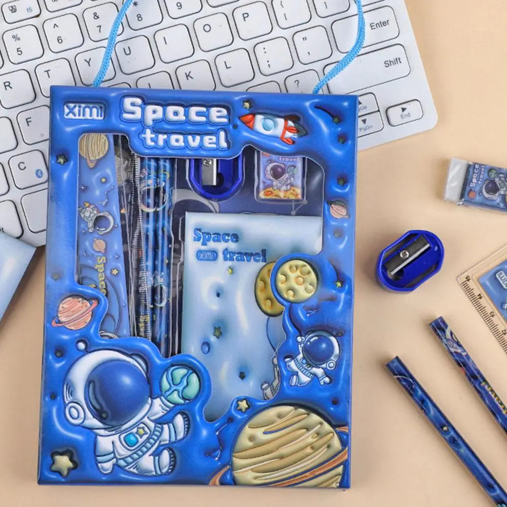 Blue space theme cartoon kids stationery set featuring astronaut and planet designs packaged in a plastic case with a blue handle.