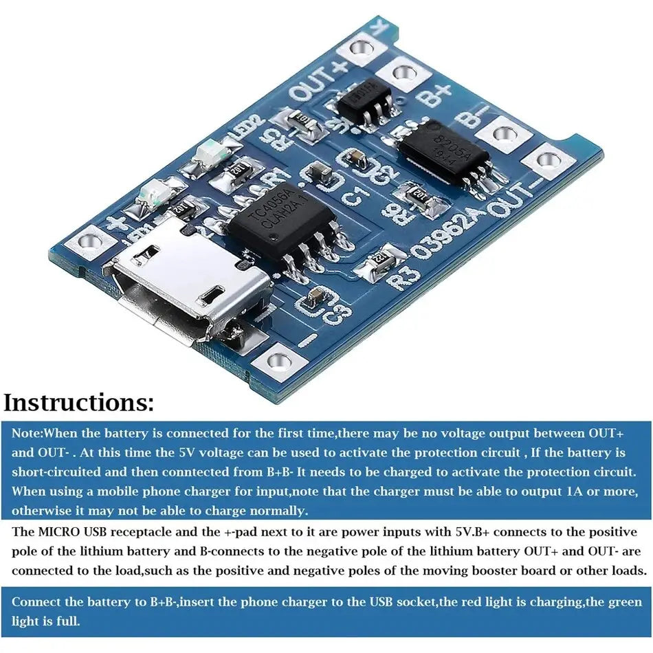 Blue tp4056 18650 lithium battery charging board circuit with a micro USB port and various electronic components.