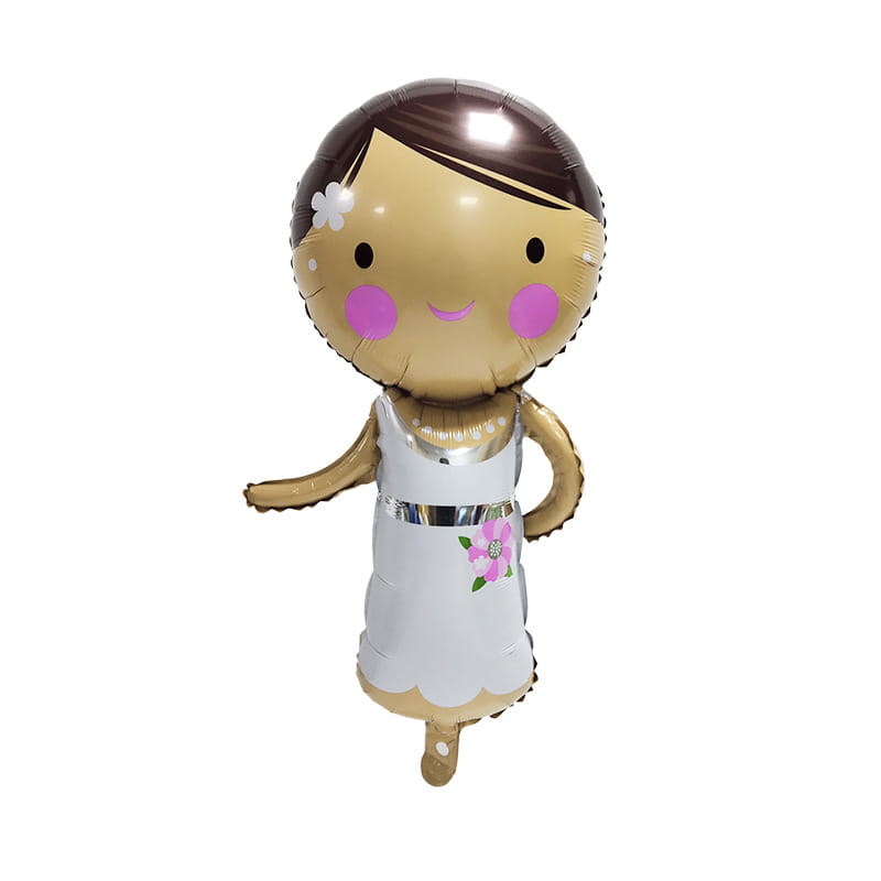 A shiny gold foil balloon shaped like a cartoon girl with brown hair pink cheeks and wearing a white dress with a pink flower as part of a wedding car balloon package couple decor.