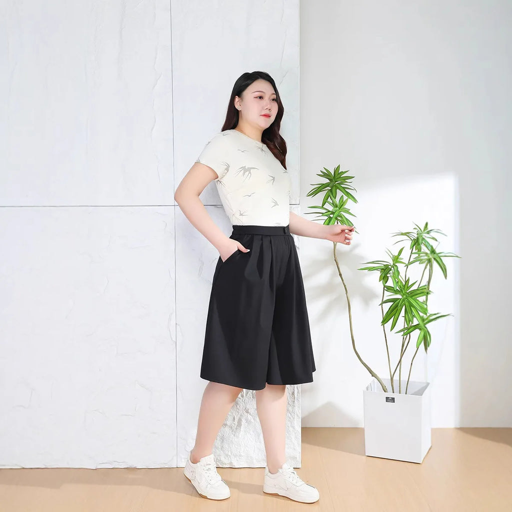 Women Summer Shorts Skirts Black Loose Wide Leg Lady Knee Length High Waist Casual Culotte Plus Size 7XL 9XLFemale Half Trousers