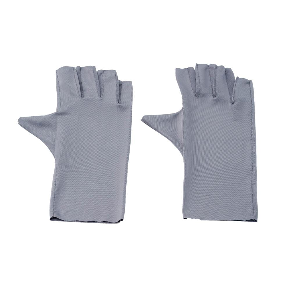 a pair of light gray uv protection fingerless sunscreen driving gloves made from smooth slightly textured fabric with neatly stitched seams showing the back side
