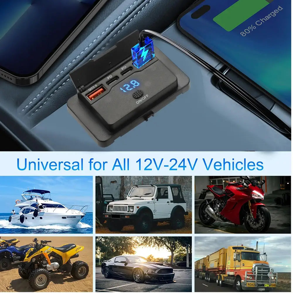 Schwarzer 12-V-24-V-USB-C-Kfz-Ladeanschluss mit PD-QC3.0, mit blauem LED-Display und mehreren USB-Anschlüssen für bequemes Laden im Fahrzeug.
