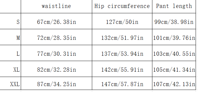 Size chart for wide leg high waist tailored trousers showing waistline, hip circumference, and pant length measurements in centimeters and inches across sizes S to XXL.