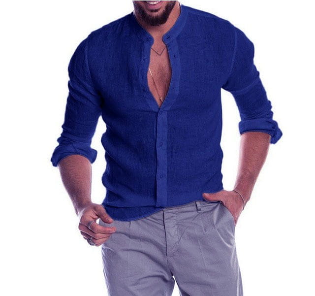 Men long sleeve linen mandarin collar casual shirt in rich royal blue with a button-down front and rolled cuffs.