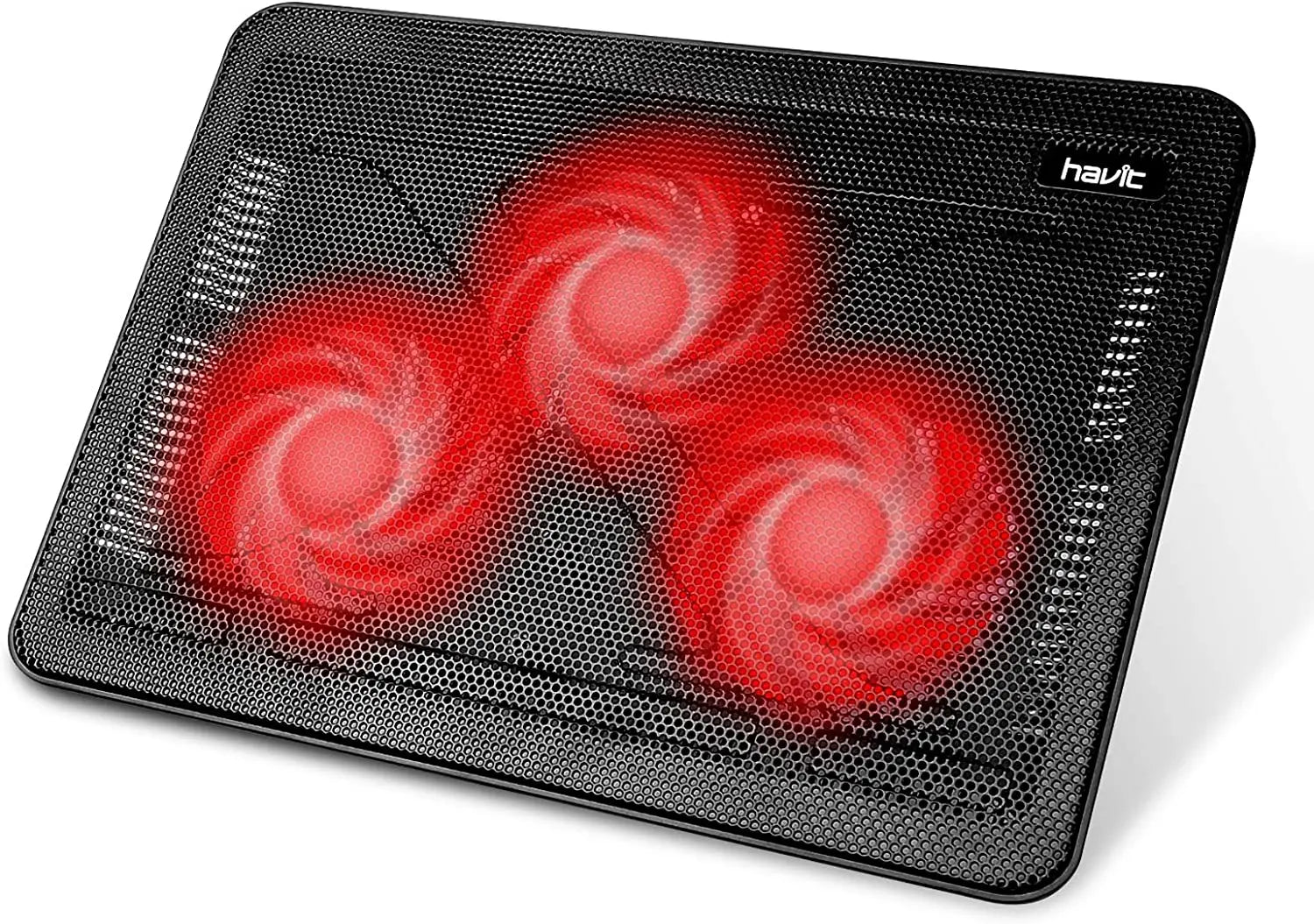 black havit laptop cooling pad with three glowing red fans designed for quiet cooling of 17 inch laptops