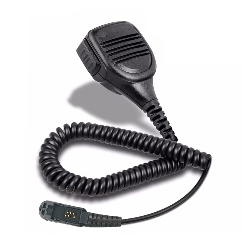 Black plastic handheld Motorola Pmmn4076a speaker microphone with coiled cord and connector designed for communication devices.