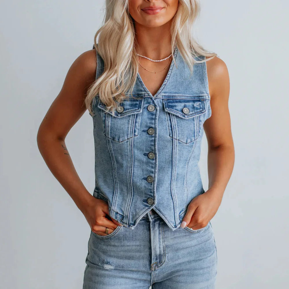 Women's Casual Denim Vest Chic Light Wash Sleeveless Button Front Crop Waistcoat Streetwear