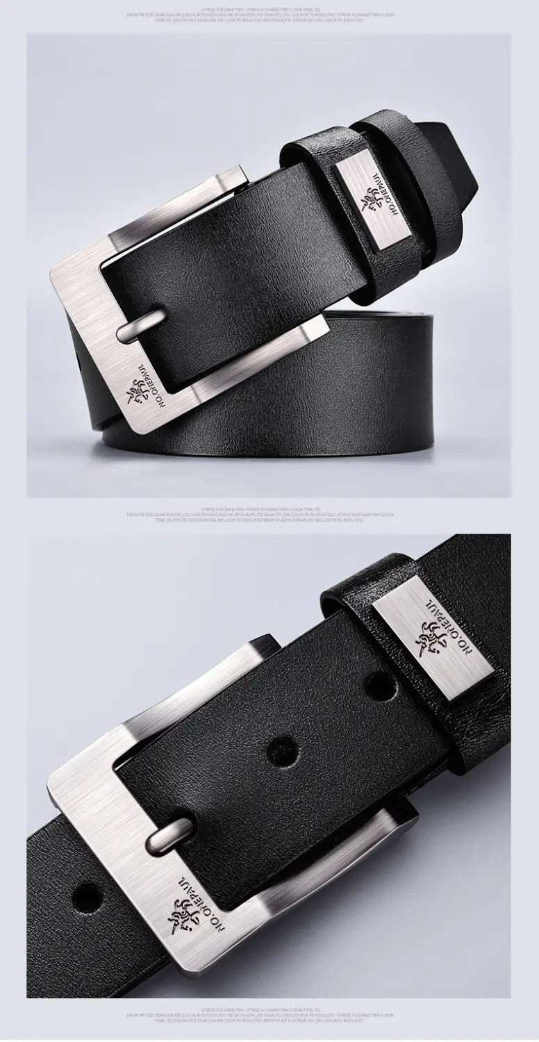 Ceinture en cuir noir pour hommes, sangle de luxe vintage avec boucle à ardillon rectangulaire ton argentée, comportant un logo gravé.