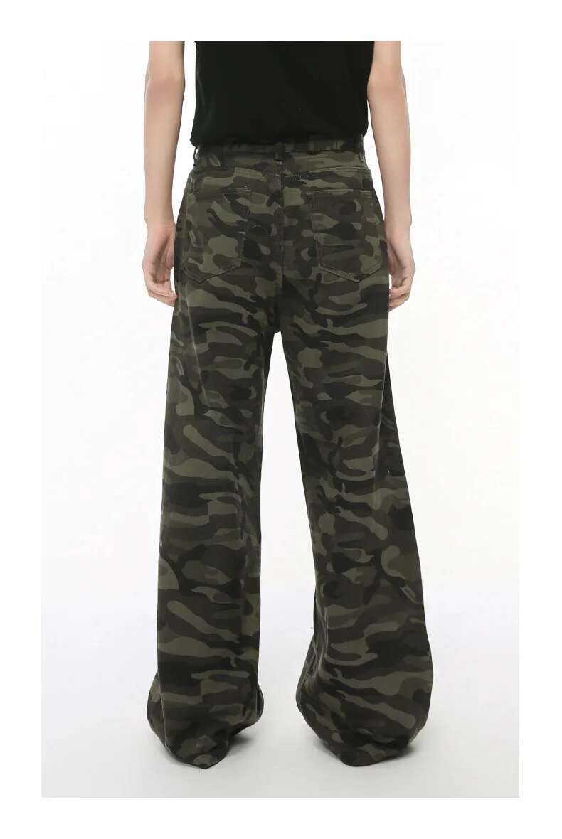 Iefb camouflage wide leg denim jeans in soft denim material with a muted green and brown pattern.